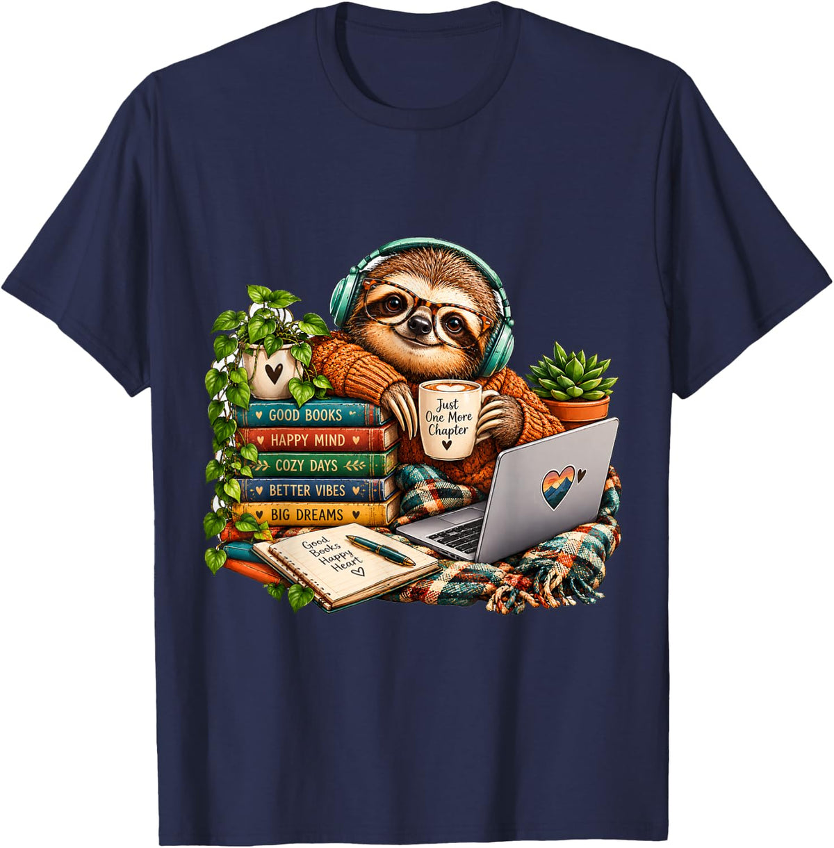 Vintage Sloth Reading Books Coffee Cozy Study Book Lover T-Shirt - Navy Blue