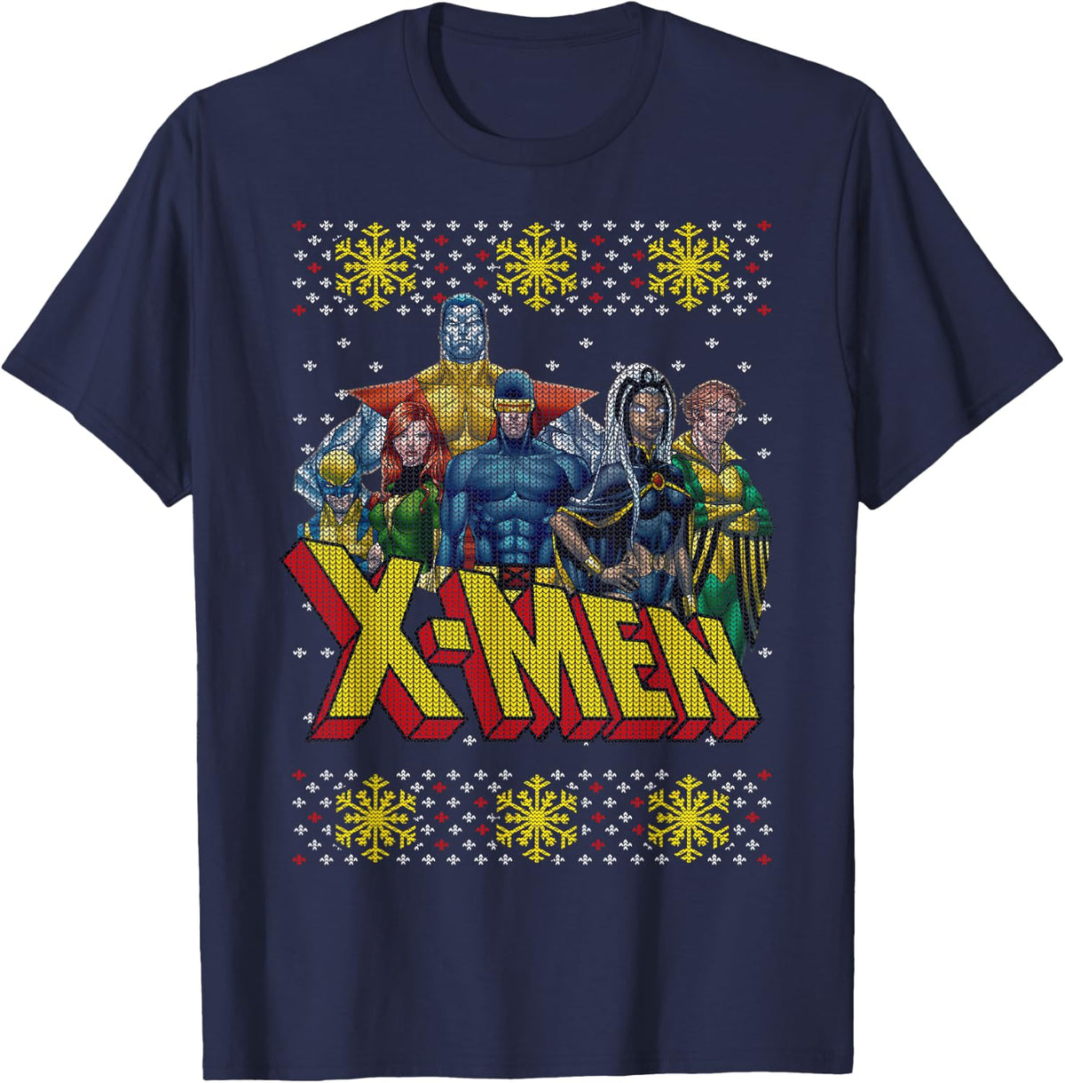 Marvel X-Men Group Ugly Christmas Sweater Graphic T-Shirt - Navy Blue