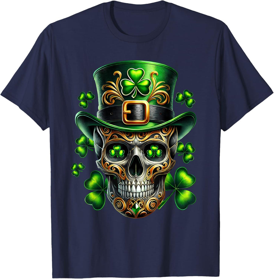 Men Irish Skull Shamrock Leprechaun Ireland St Patricks Day T-Shirt - Navy Blue