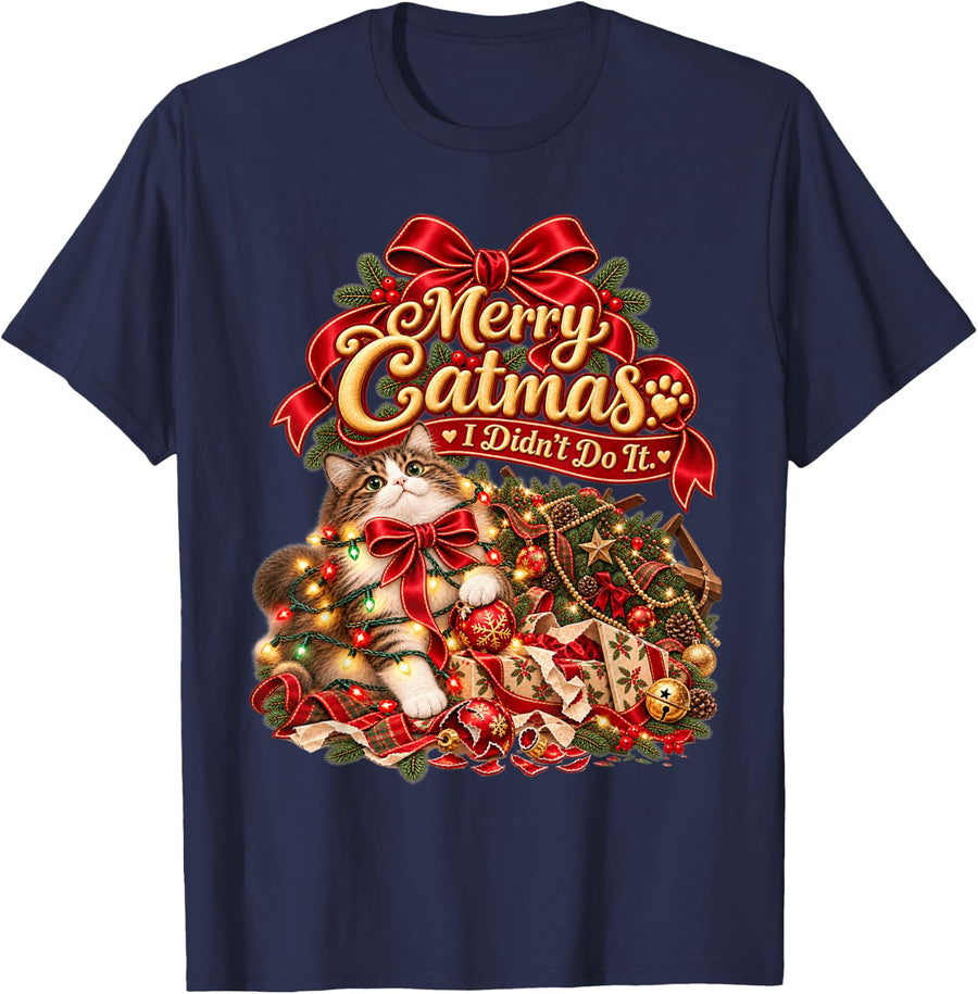 Christmas Calico Cat Tangled Lights Festive Holiday Mischief T-Shirt - Navy Blue