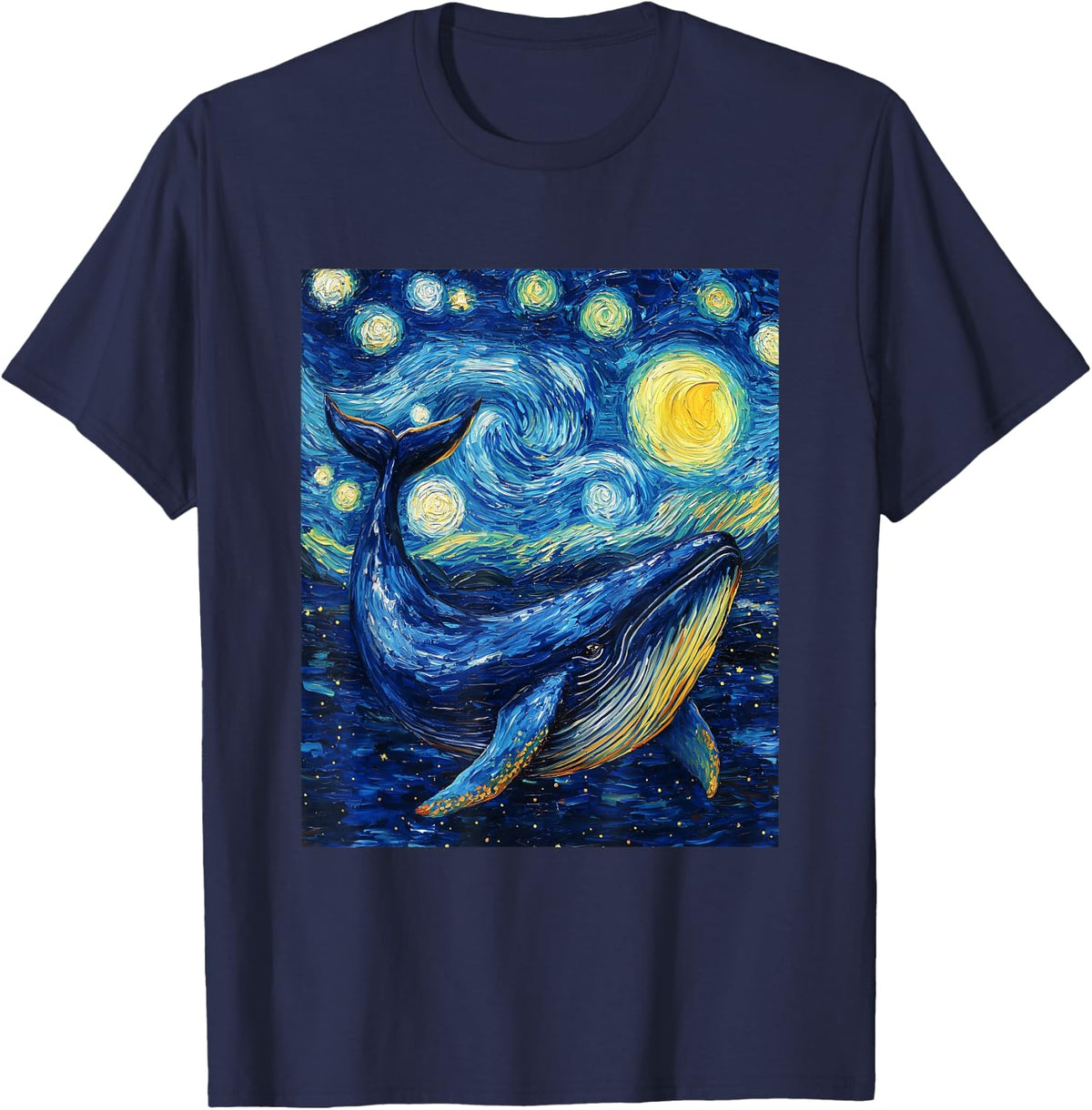 Whale Fish Van Gogh Style Starry Night Sea Graphic T-Shirt - Navy Blue