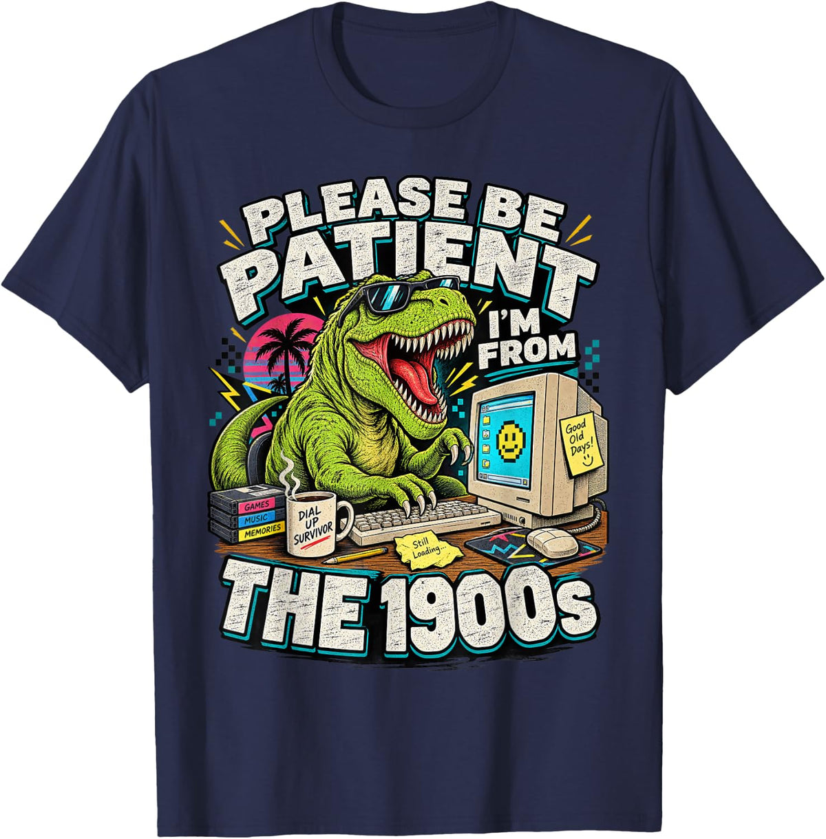 Please Be Patient 1900s Dinosaur Retro Computer Funny Art T-Shirt - Navy Blue