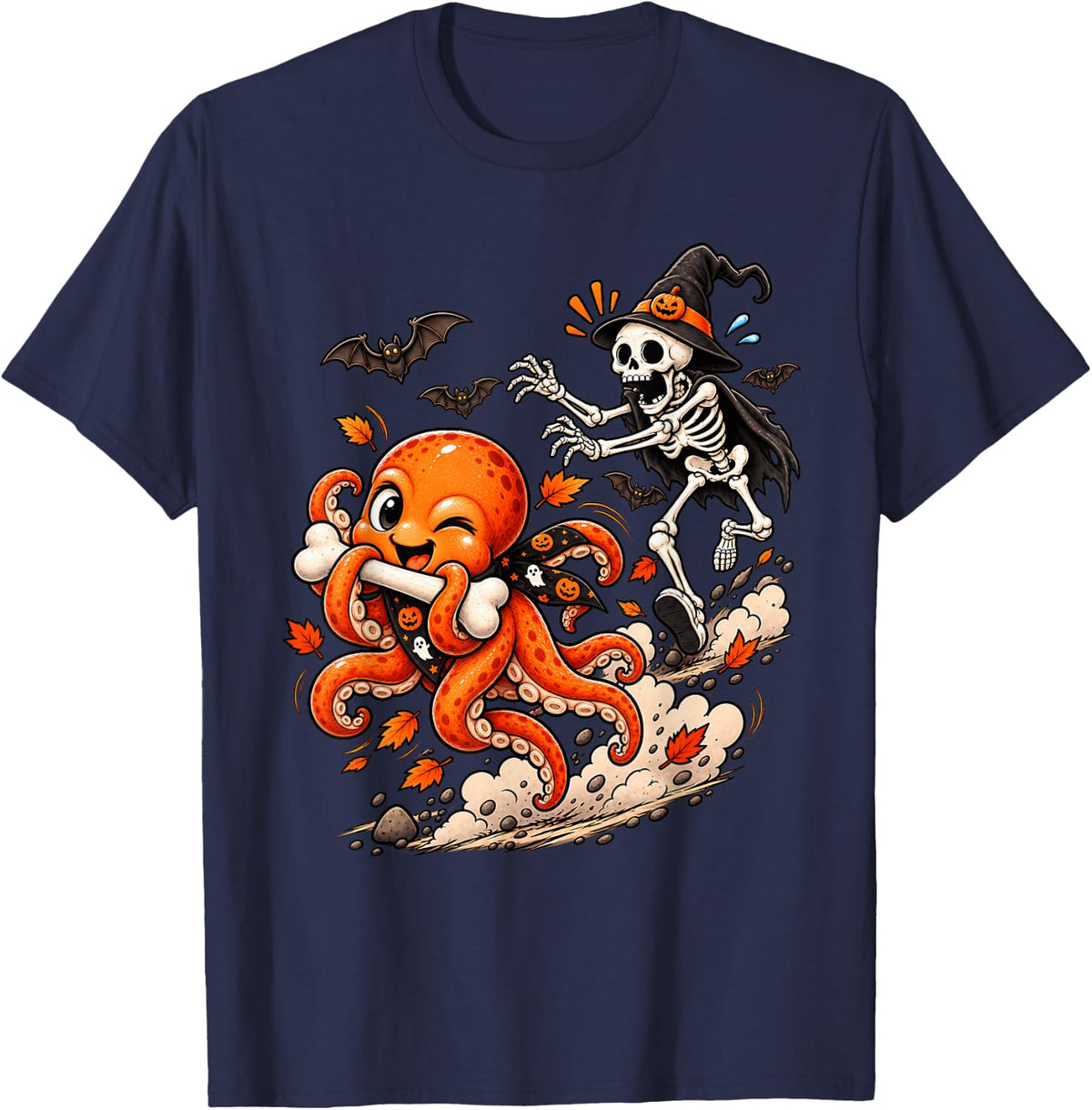 Funny Octopus Chased by Witch Skeleton Halloween Men Women T-Shirt - Navy Blue