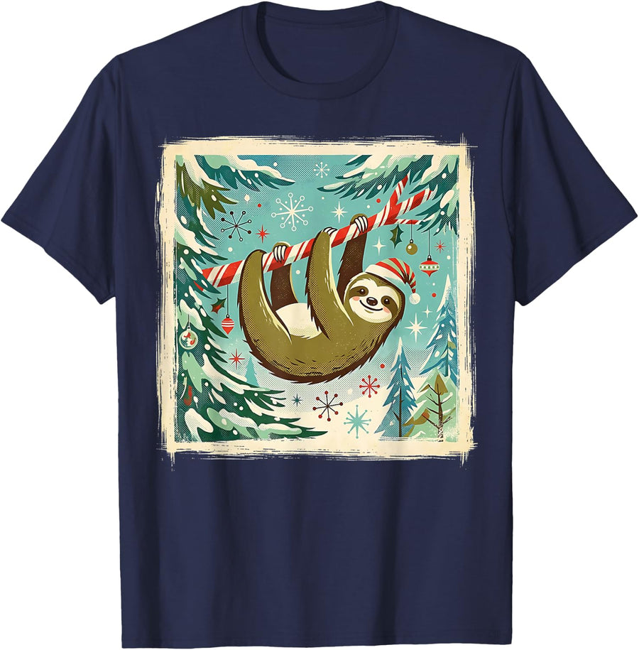Sloth Sugarplum Peppermint Candy Cane Retro Winter Holiday T-Shirt - Navy Blue