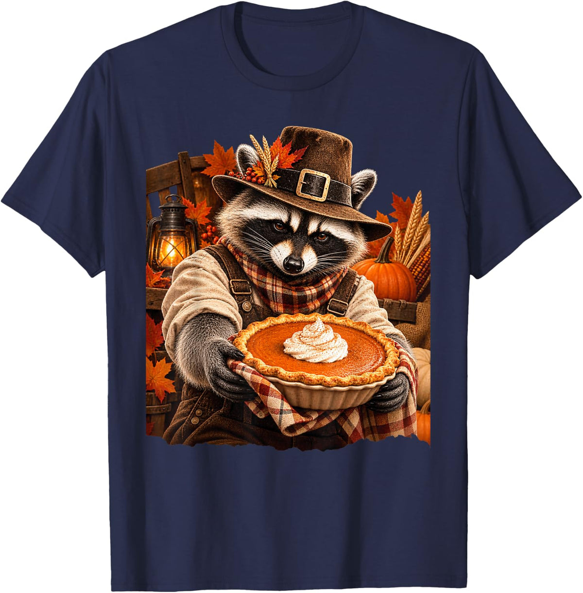 Pilgrim Raccoon Pumpkin Pie Funny Thanksgiving T-Shirt - Navy Blue