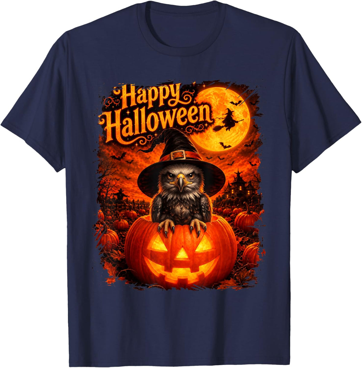 Cute Bald Eagle Happy Halloween Night T-Shirt - Navy Blue