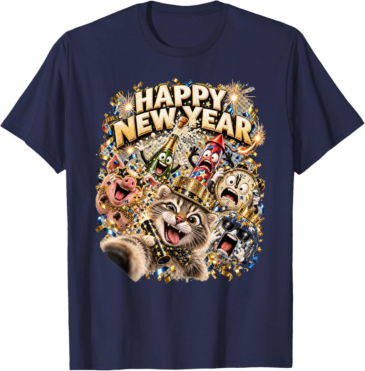 Happy New Year Cat Selfie Gold Confetti Party Art T-Shirt - Navy Blue