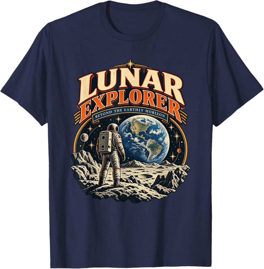 Vintage Lunar Explorer Astronaut Space Adventure T-Shirt - Navy Blue