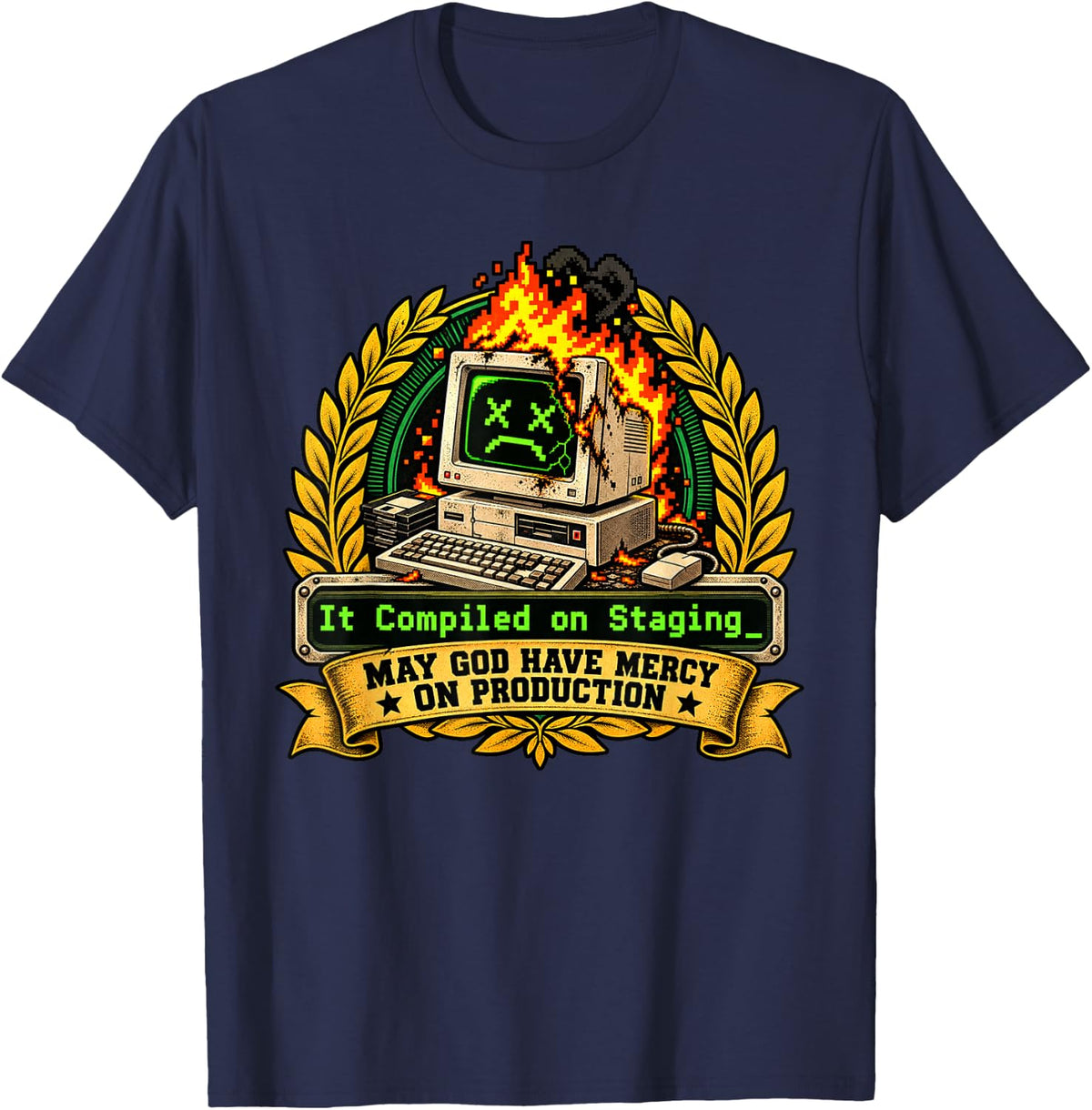 It Compiled on Staging Programmer Computer On Fire Pixel Art T-Shirt - Navy Blue