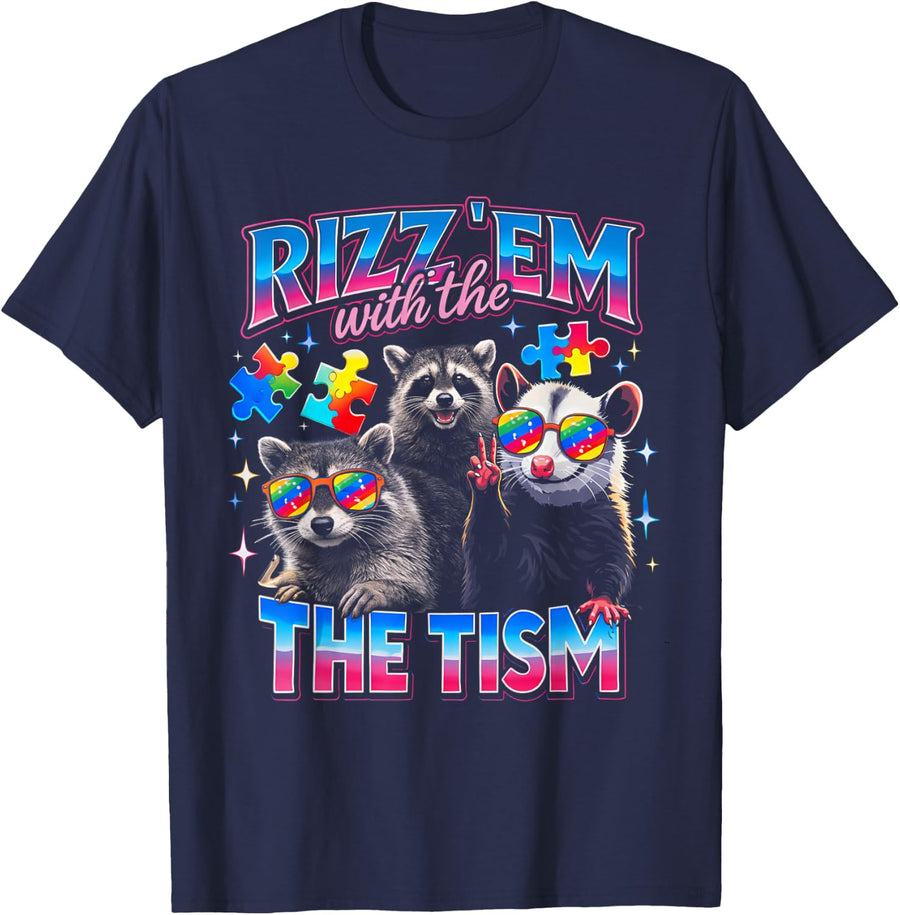 Rizz Em with the Tism Autistic Racoon Meme Autism Awareness T-Shirt - Navy Blue