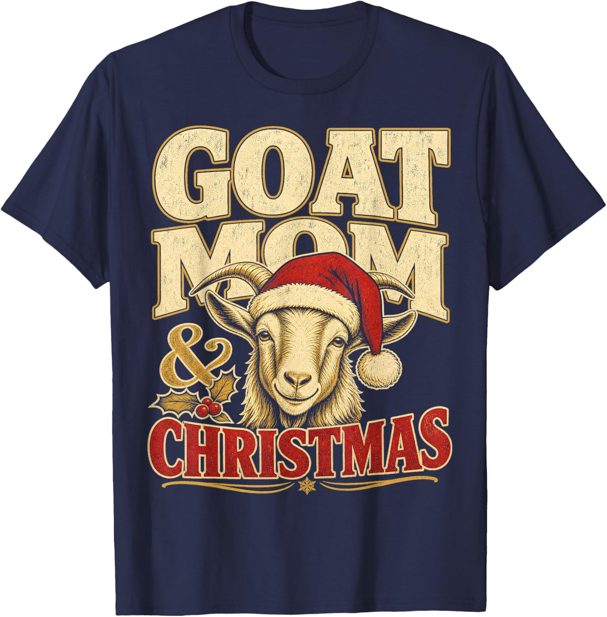 Goat Mom and Christmas Santa Hat T-Shirt - Navy Blue
