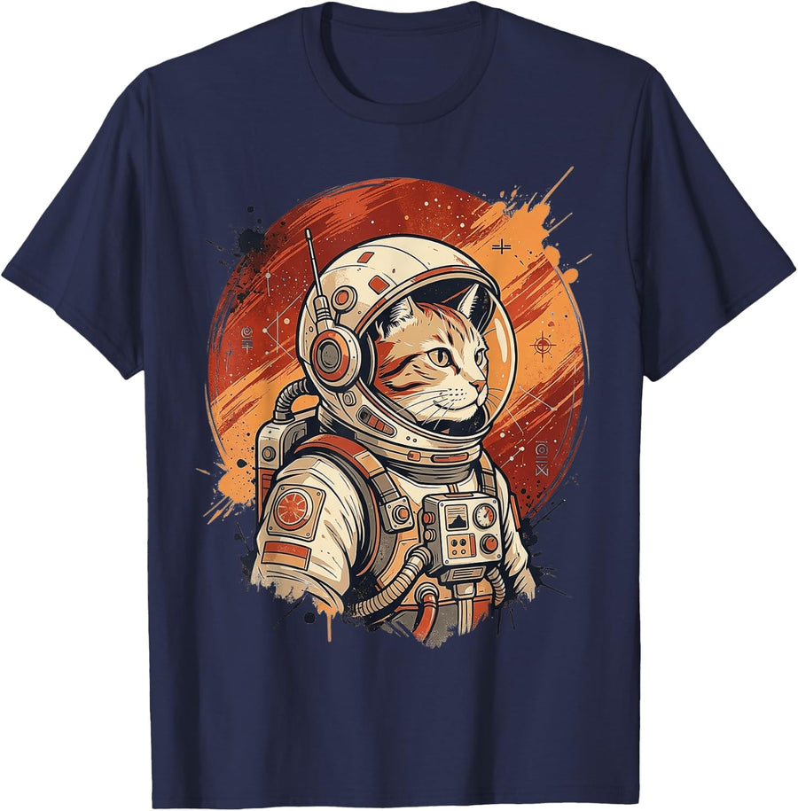 Retro Cat Astronaut Space Vintage Science for Men Women Kid T-Shirt - Navy Blue