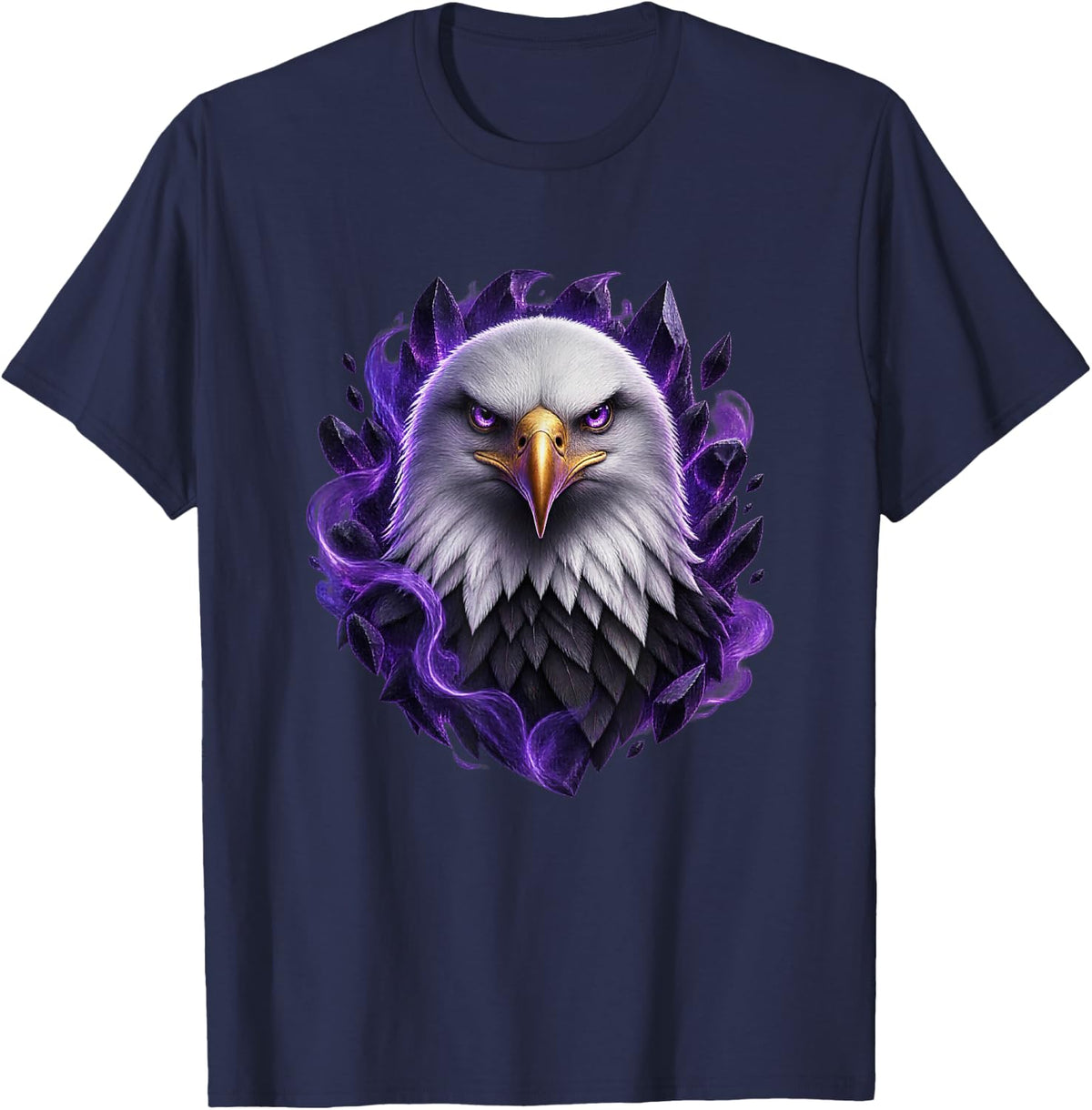 Bald Eagle with Amethyst Shard Halo Bird Art T-Shirt - Navy Blue