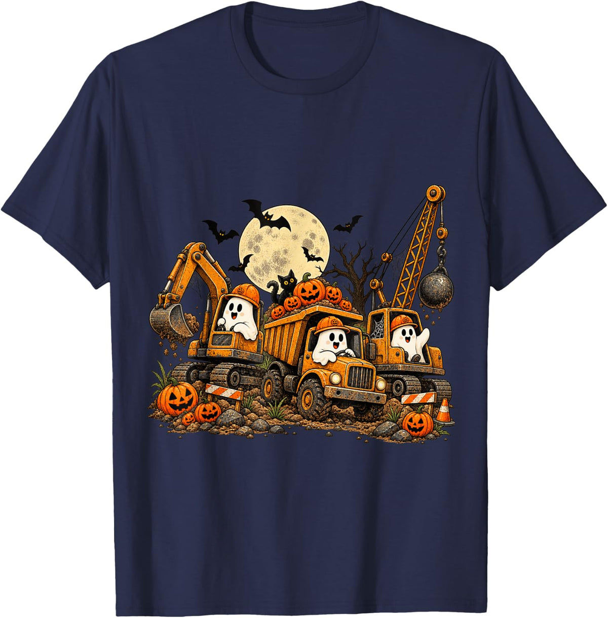 Halloween Construction Ghost Excavator Dump Truck Crane T-Shirt - Navy Blue