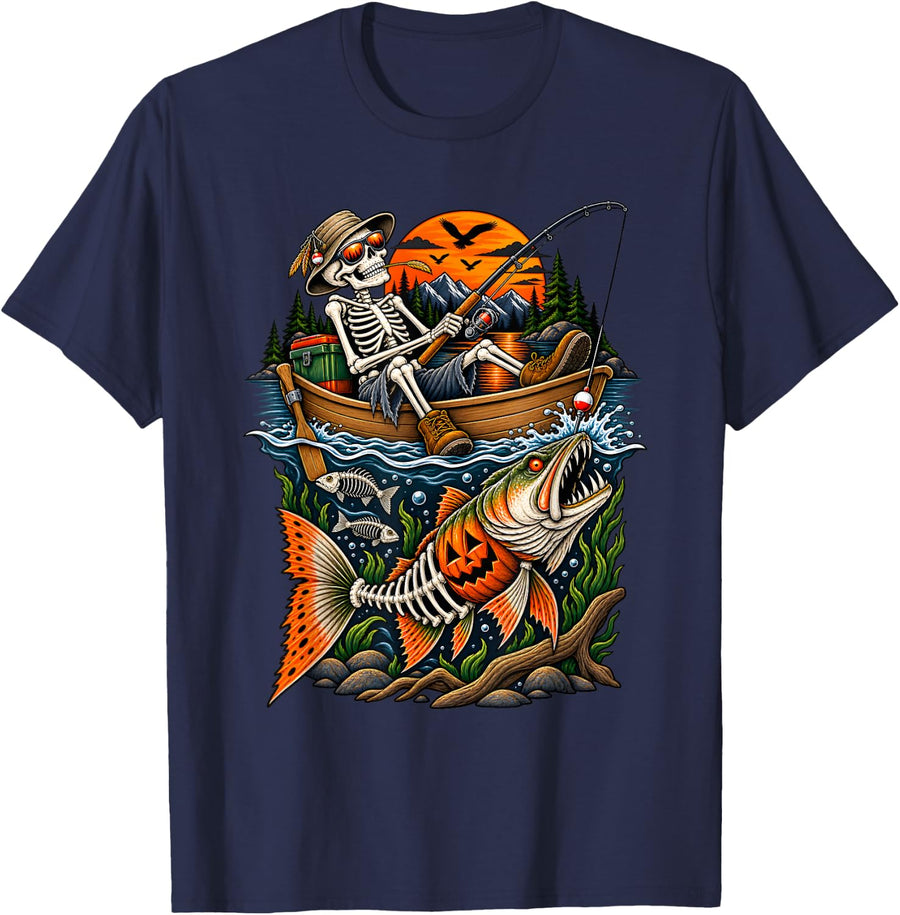 Halloween Trout Fish Fisherman Spooky Season T-Shirt - Navy Blue