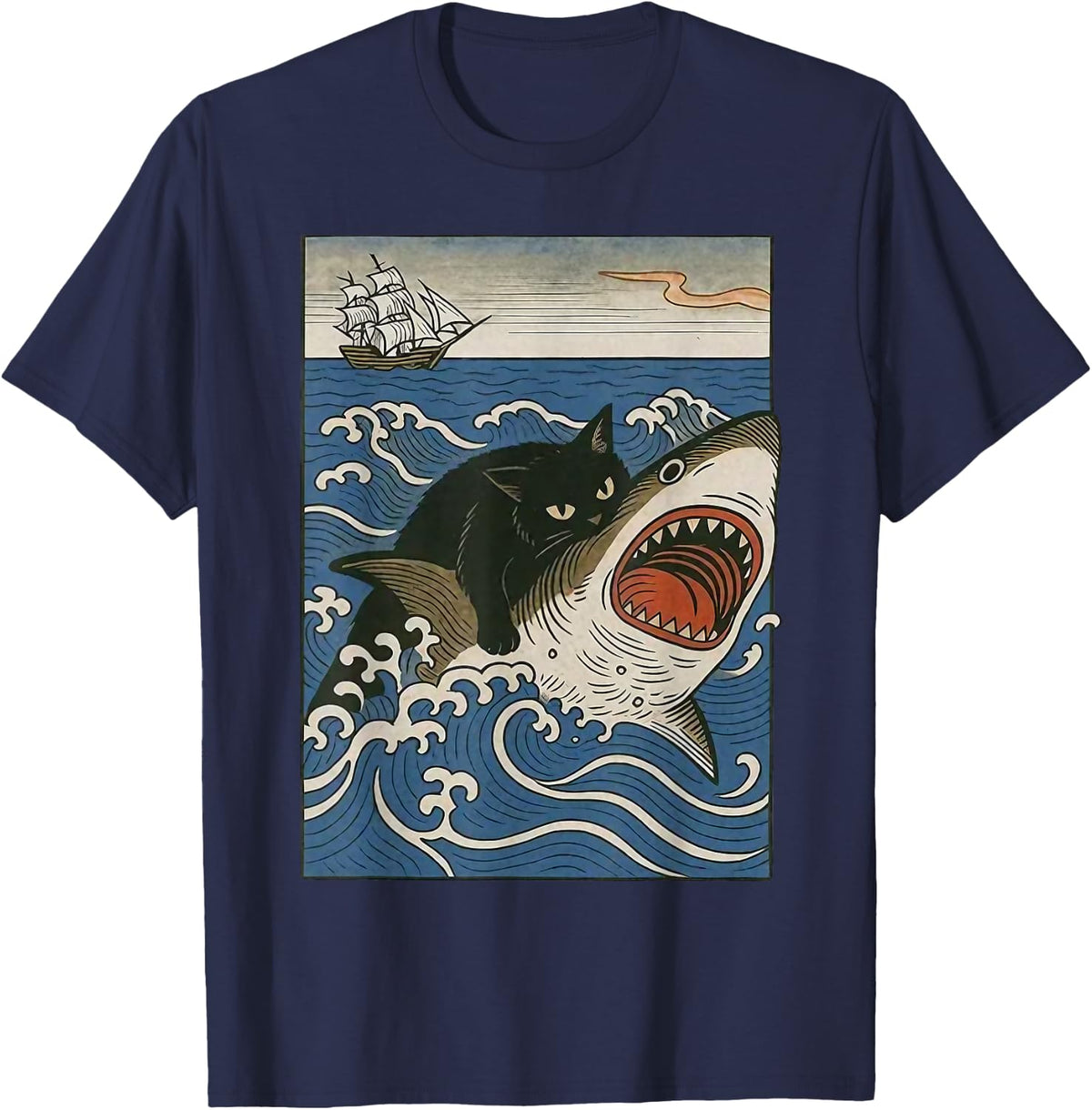 Black Cat Hunting Shark Ukiyoe Ocean Art Japanese Style T-Shirt - Navy Blue