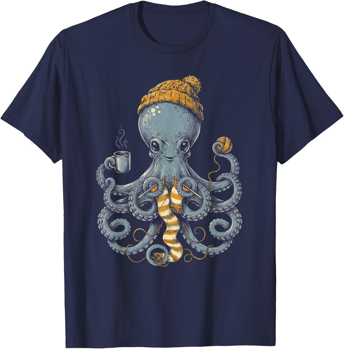 Winter Octopus Knitting Scarf Beanie Cute Ocean Design T-Shirt - Navy Blue