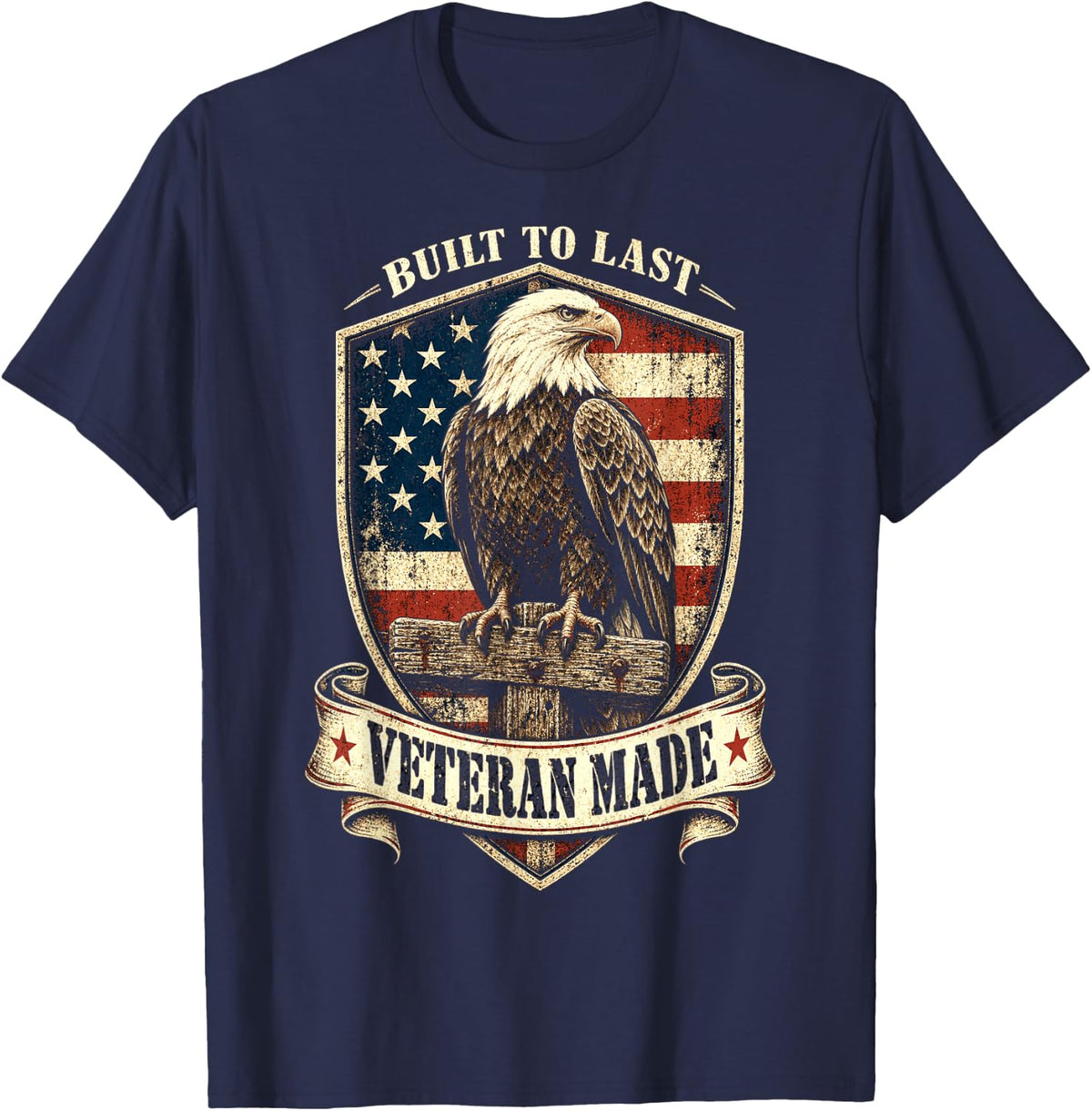 Veteran Made Built to Last Bald Eagle American Flag T-Shirt - Navy Blue