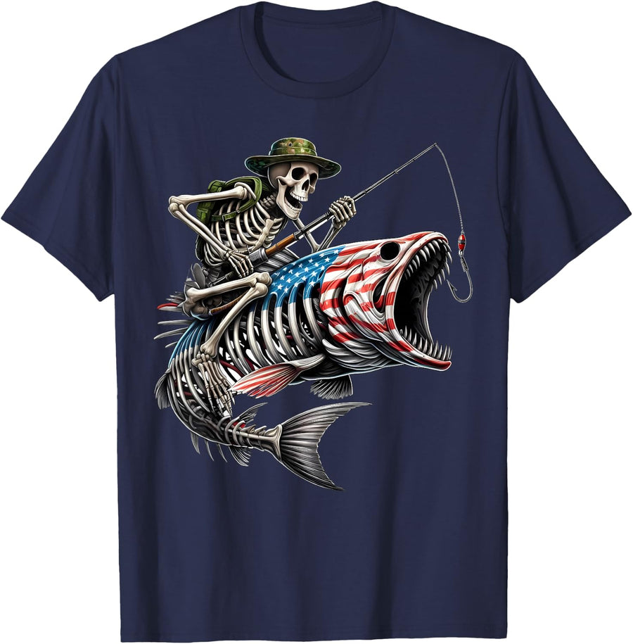 Fishing American Flag Bass Fish Skull Skeleton Fisherman T-Shirt - Navy Blue
