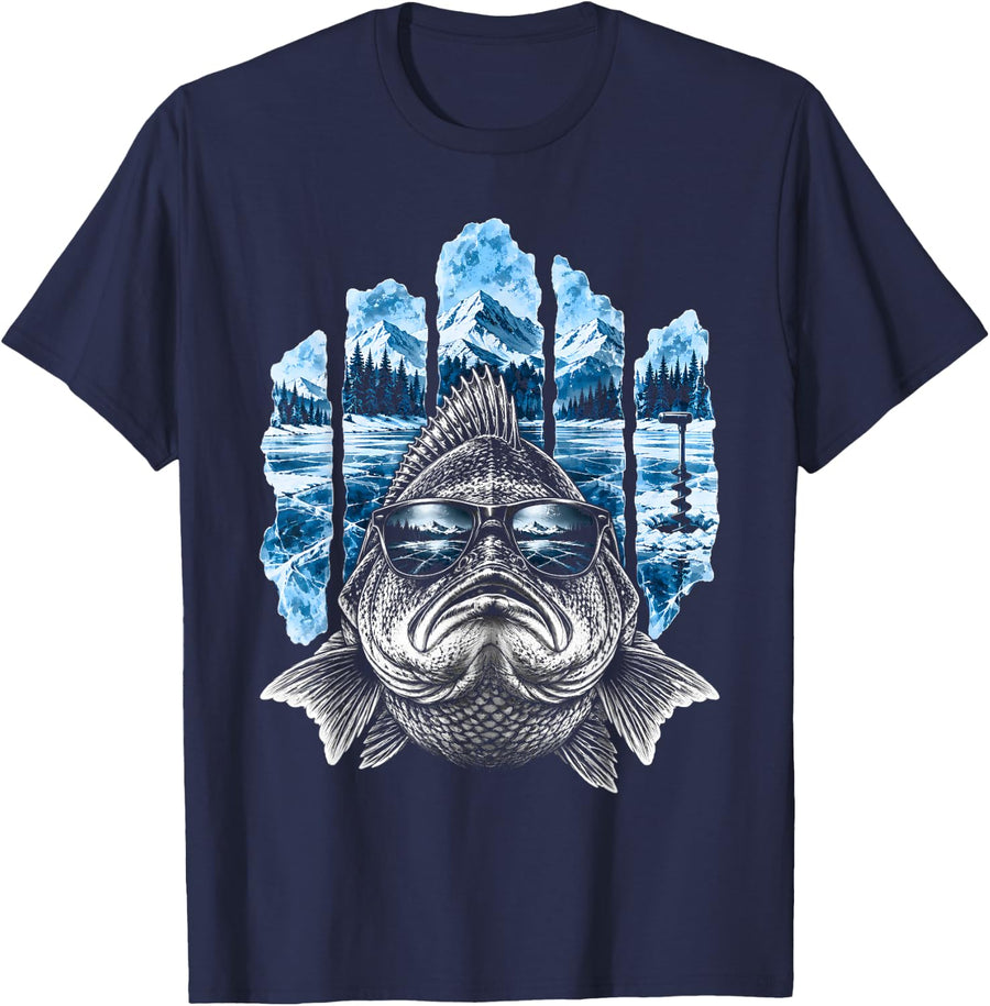 Ice Fishing Bass with Sunglasses Winter Mountain Lake T-Shirt - Navy Blue