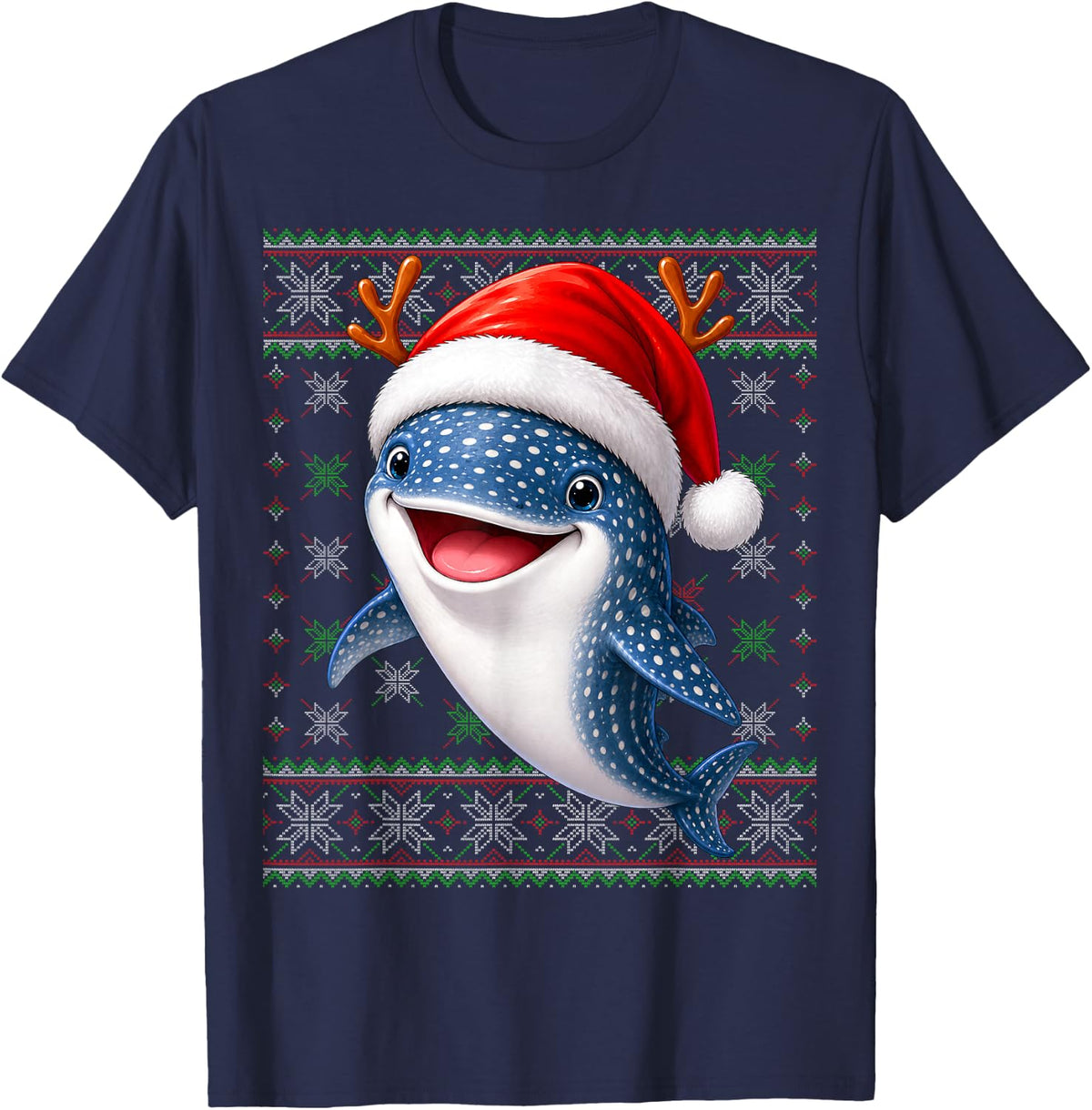 Whale Shark Christmas Ugly Sweaters Festive Santa Hat Xmas T-Shirt - Navy Blue