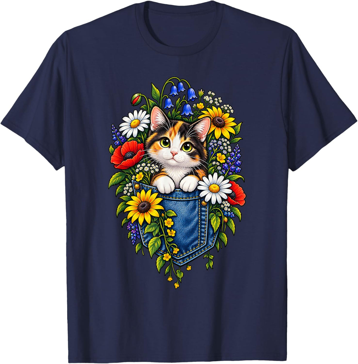 Calico Kitten in Pocket with Flowers T-Shirt - Navy Blue