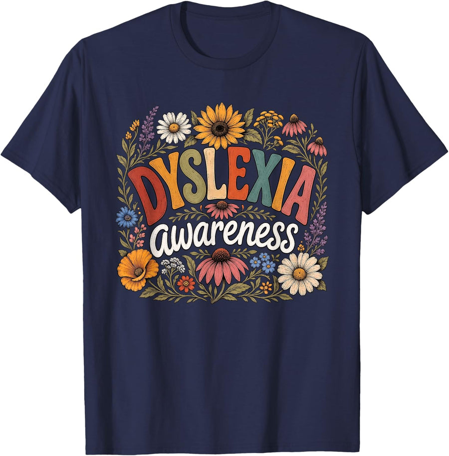 Floral Dyslexia Awareness Specialist T-Shirt - Navy Blue