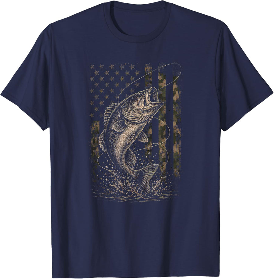 Patriotic Largemouth Bass Fishing American Flag Angler T-Shirt - Navy Blue