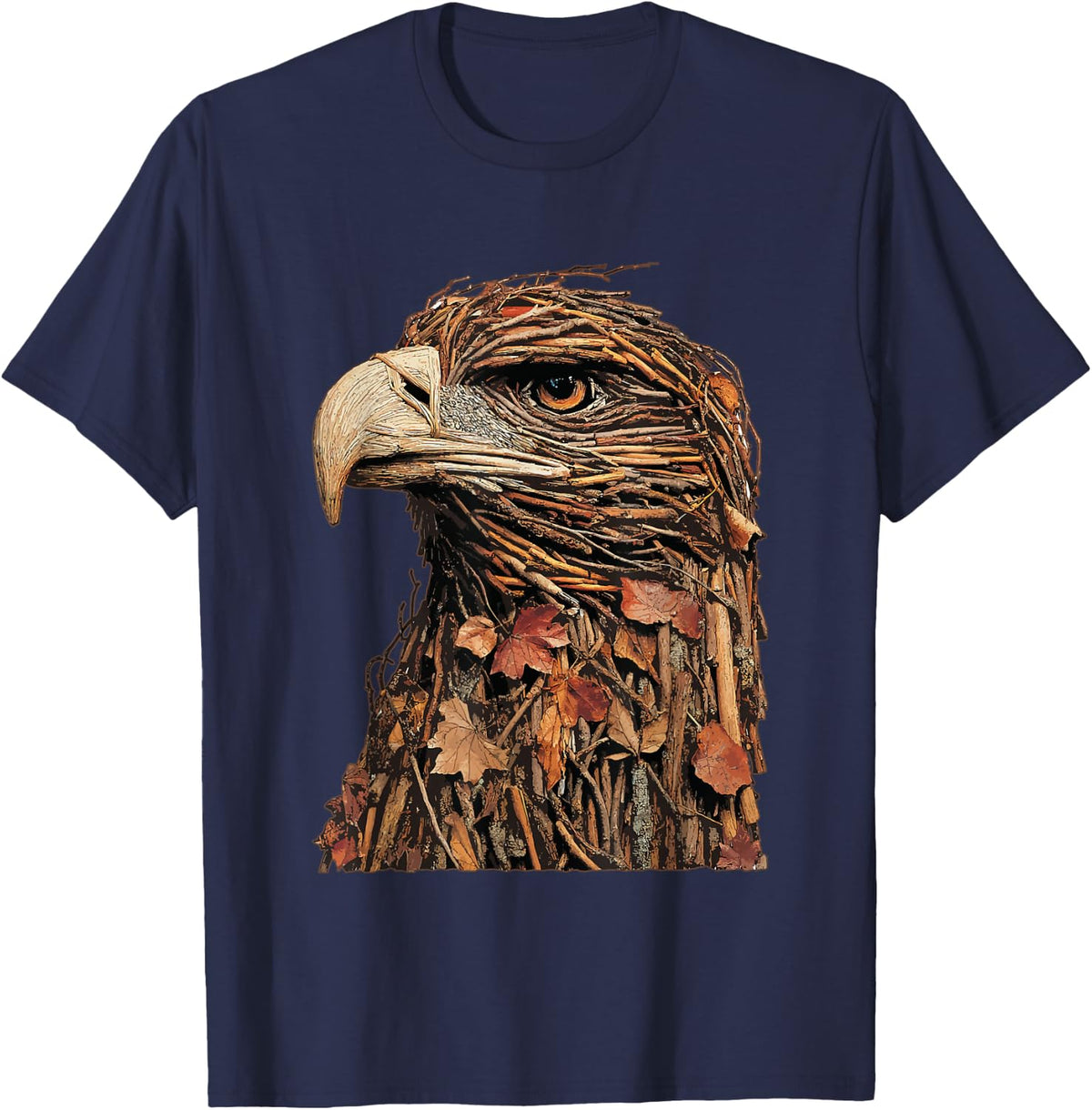 Rustic Bald Eagle with Twigs Fall Leaves Autumn Animal Art T-Shirt - Navy Blue