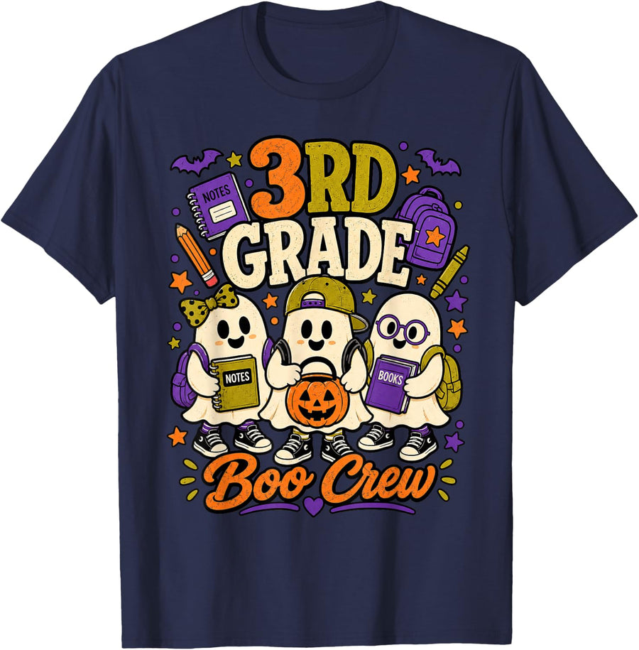 3rd Grade Boo Crew Ghost Halloween Teacher Boys Girls Kids T-Shirt - Navy Blue