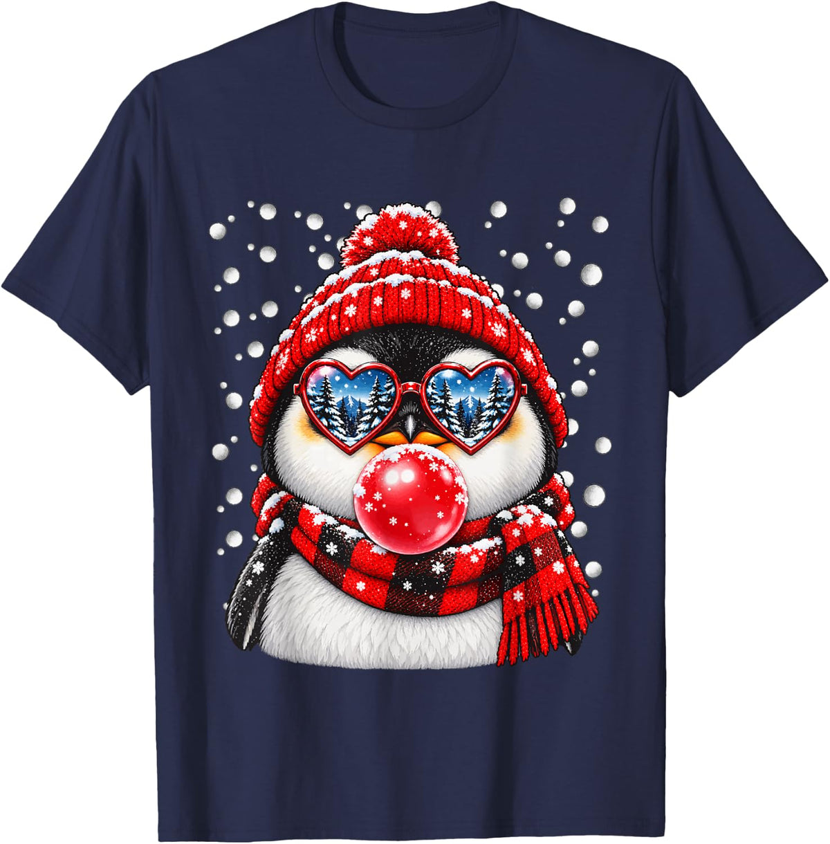 Cute Snowy Penguin with Bubblegum and Hearts Glasses Winter T-Shirt - Navy Blue