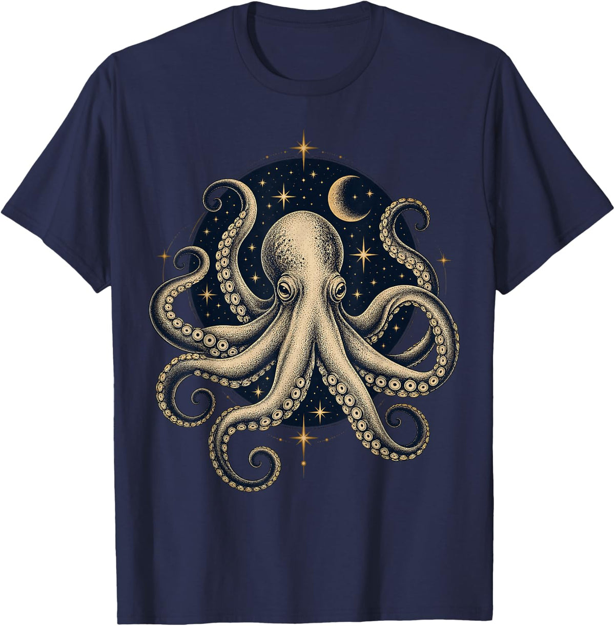 Celestial Moon Octopus T-Shirt - Navy Blue