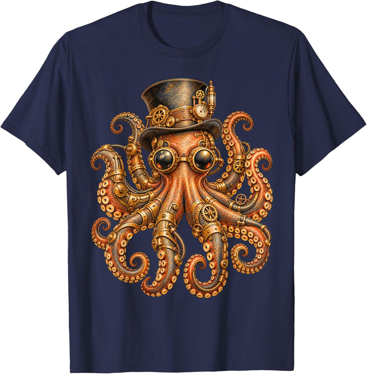 Steampunk Octopus Vintage Mechanical Nautical Ocean Lovers T-Shirt - Navy Blue