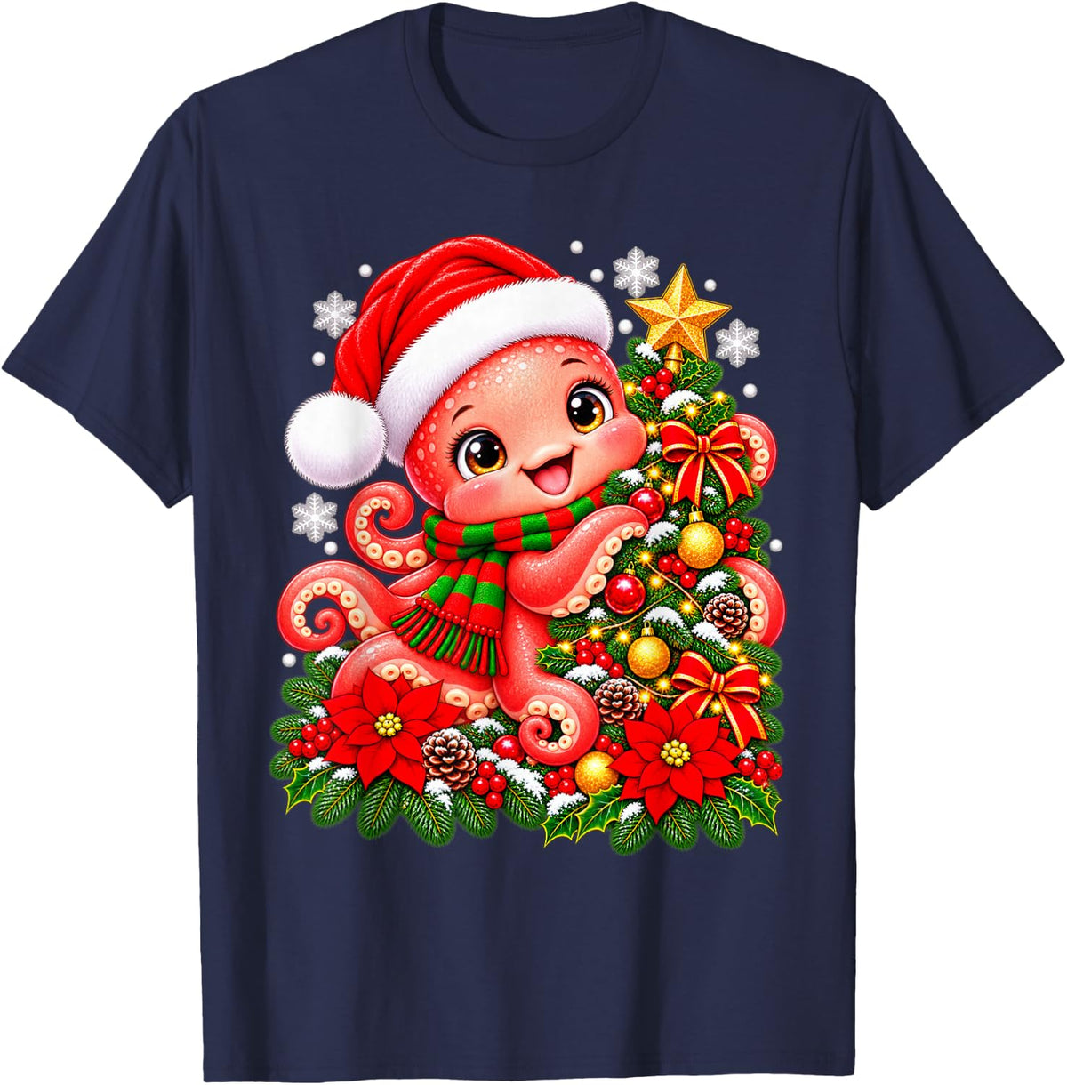 Christmas Tree Octopus Santa Hat Men Women Kids T-Shirt - Navy Blue