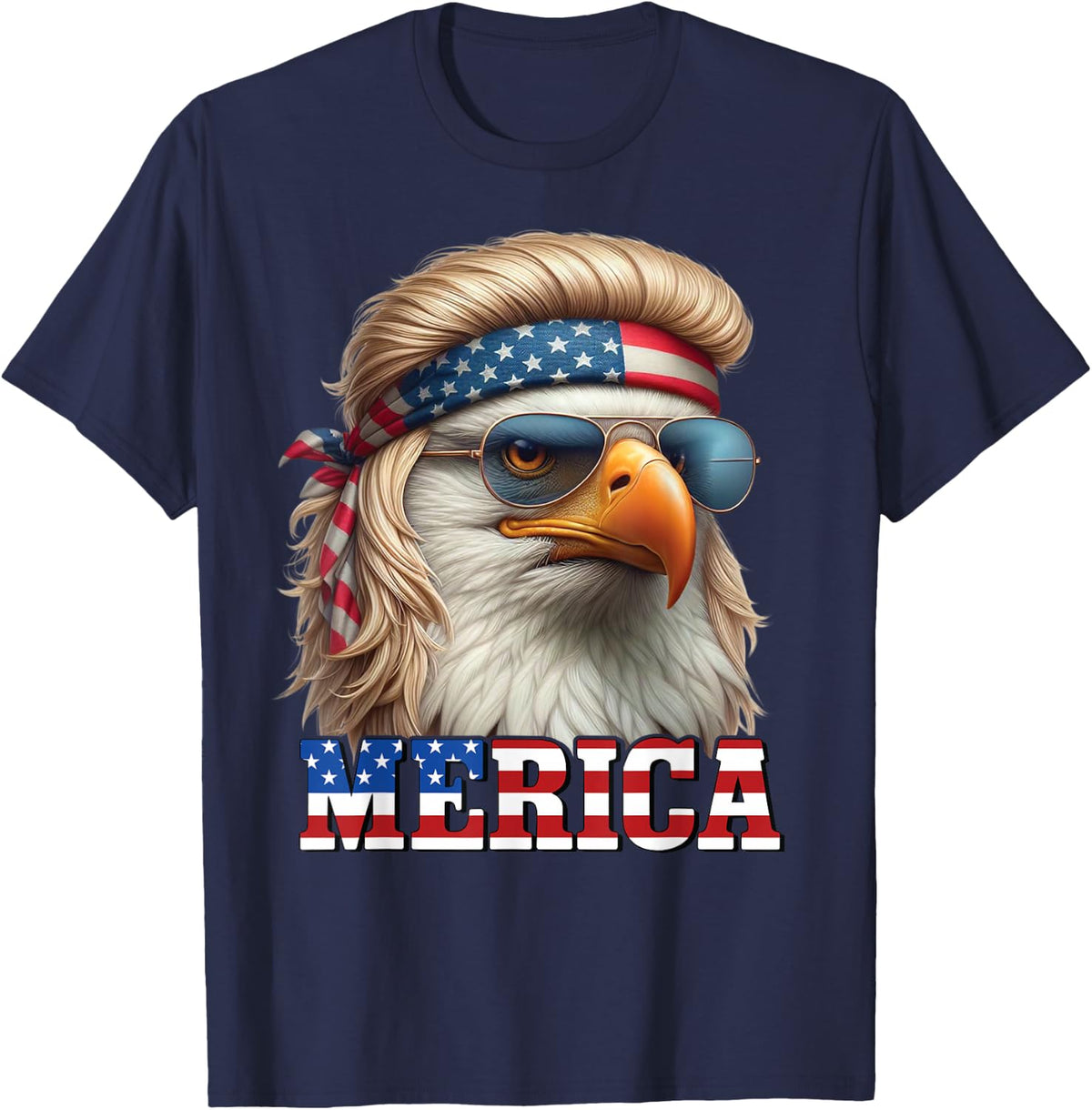 Bald Eagle Merica 4th Of July Blonde Mullet Wig Funny Man T-Shirt - Navy Blue