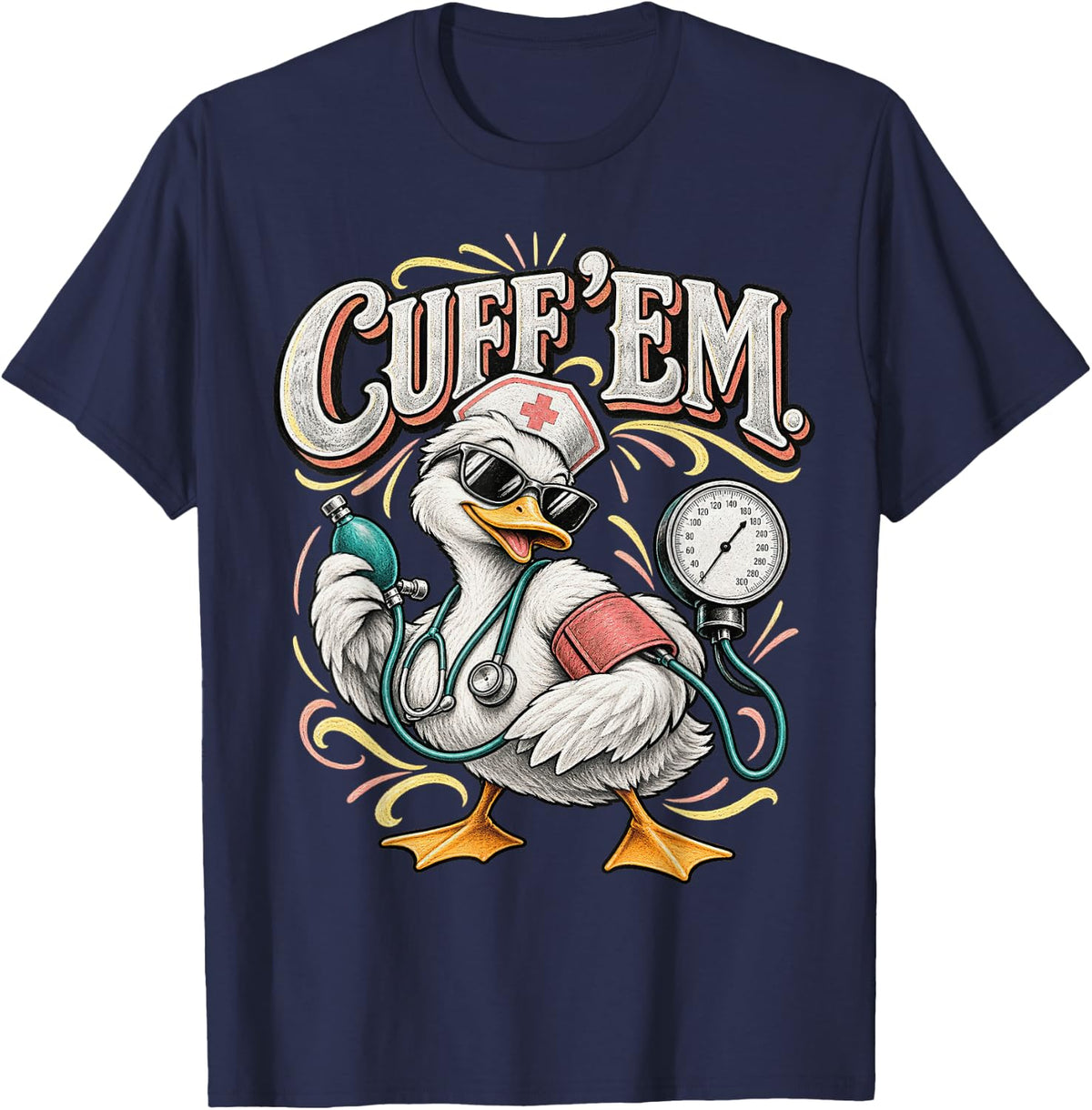 Engraved Duck Nurse Blood Pressure Cuff Em Classic Artwork T-Shirt - Navy Blue