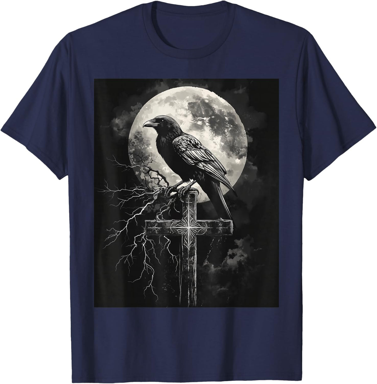 Raven Cross Moon Men Black Gothic Women Black Crow T-Shirt - Navy Blue