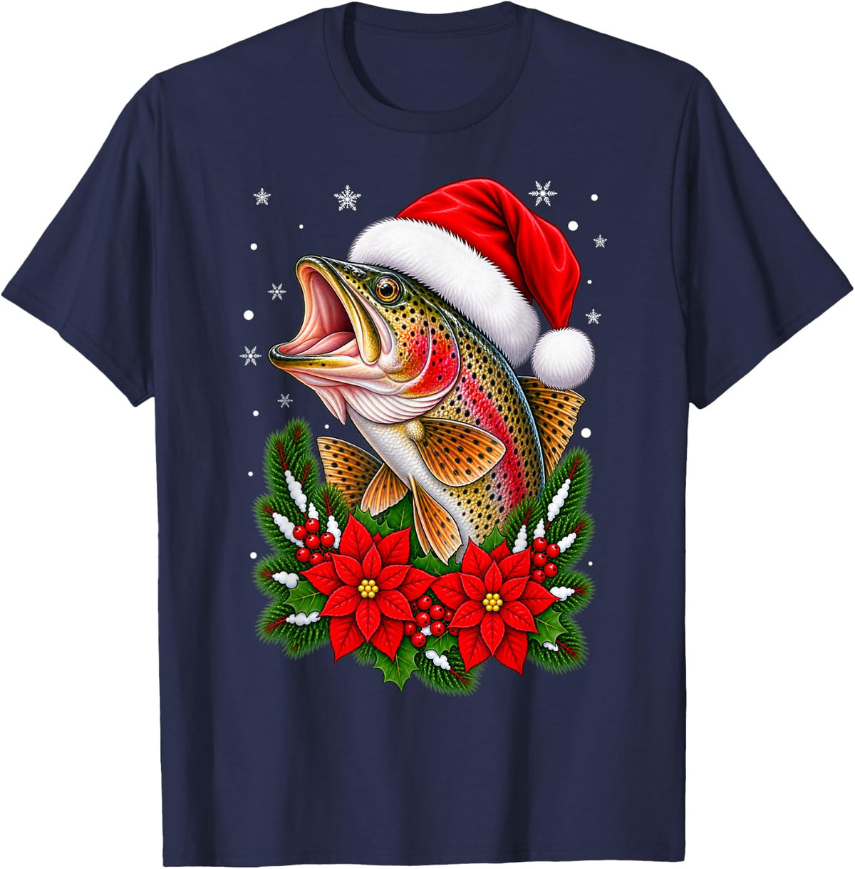Trout Fishing Festive Floral Santa Hat Trout Fish Christmas T-Shirt - Navy Blue