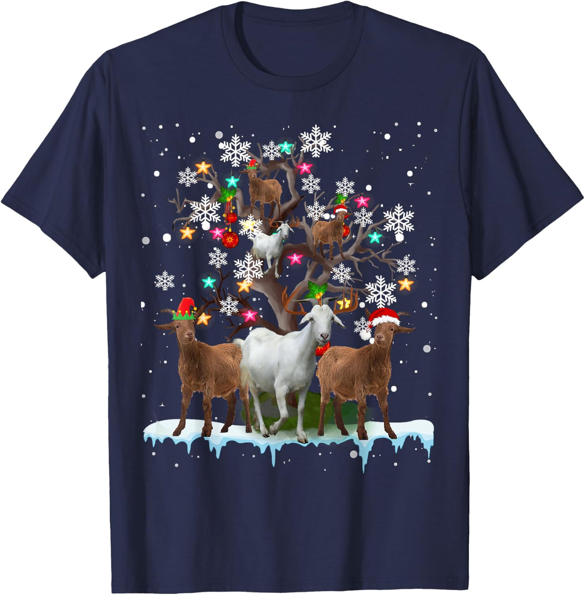 Funny Christmas Goat On Tree T-Shirt Santa Goat Lover Farmer Tee - Navy Blue