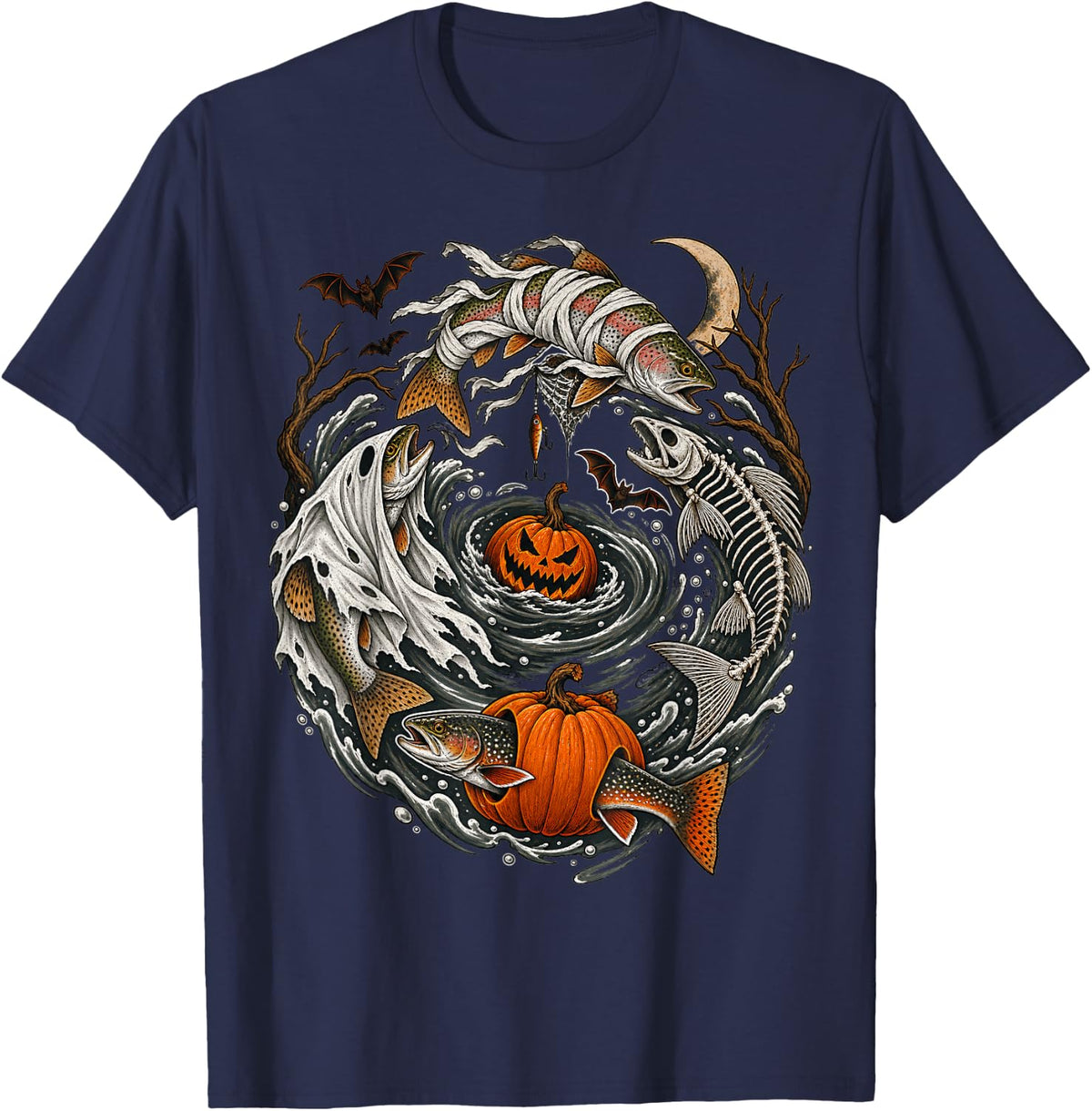 Halloween Trout Fish Ghost Skeleton Pumpkin Mummy Fishing T-Shirt - Navy Blue