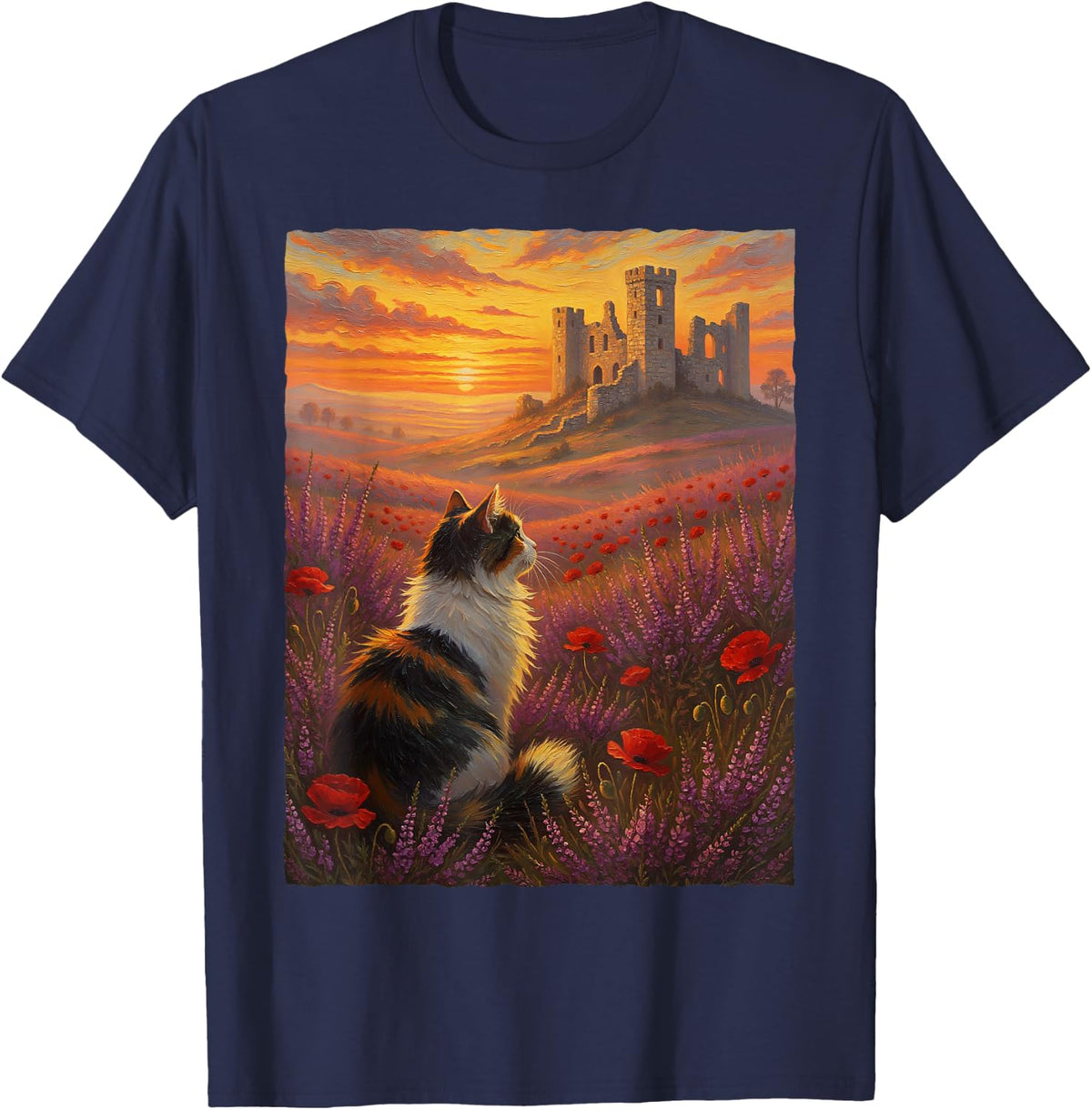 Calico Cat Medieval Castle Ruins Sunset Poppy Field Art T-Shirt - Navy Blue