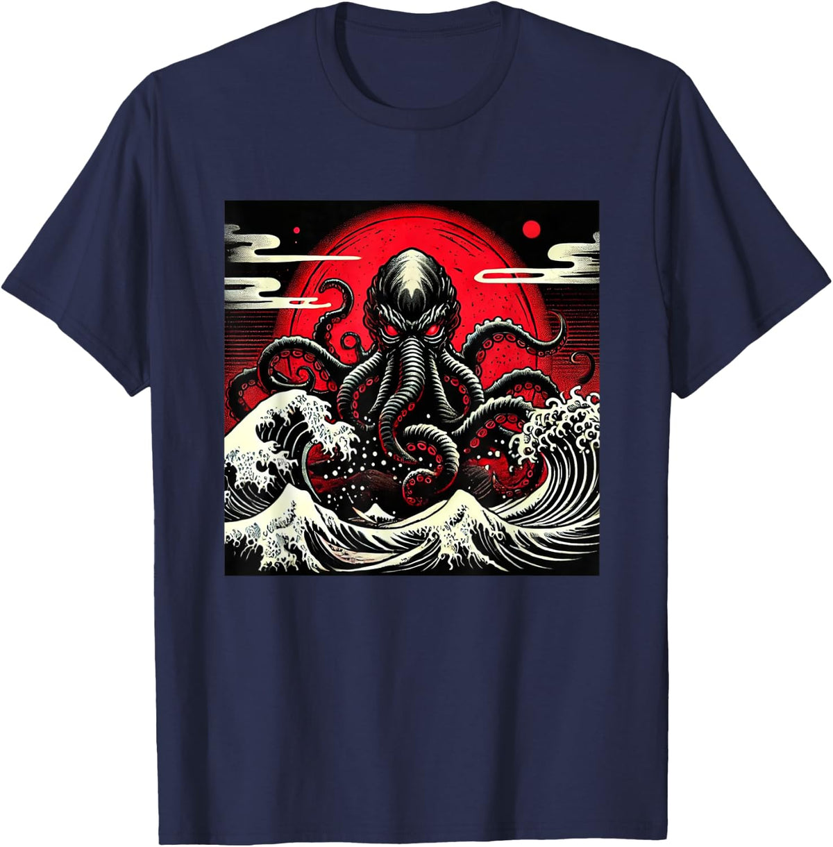 Japanese, Octopus, Art, Red Moon, Wave Graphic T-Shirt - Navy Blue