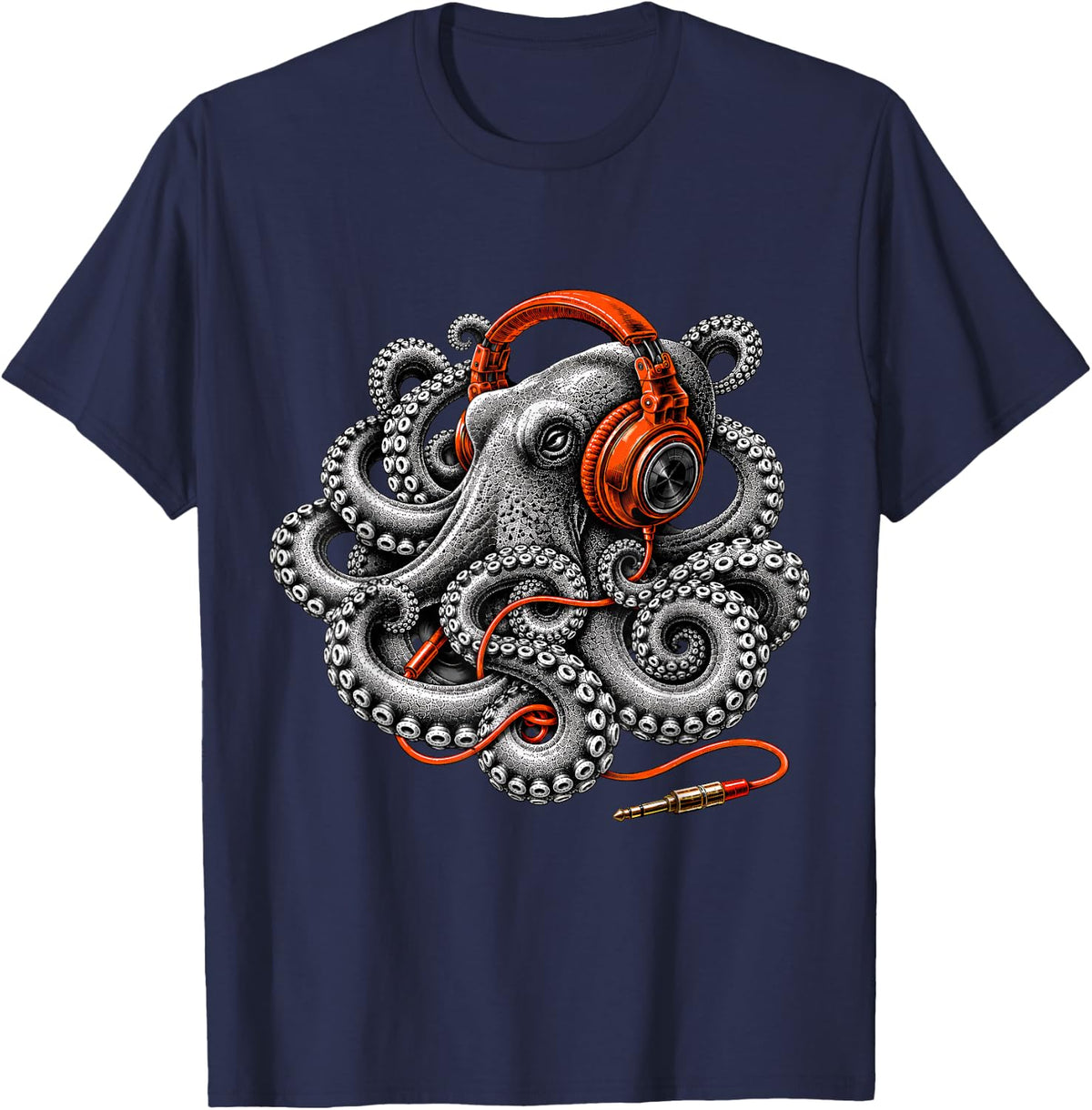 Cool Octopus Headphones Ocean Animal Sea Creature Music DJ T-Shirt - Navy Blue