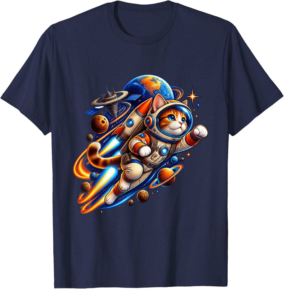 Brave Astronaut Cat with Rocket Backpack T-Shirt - Navy Blue