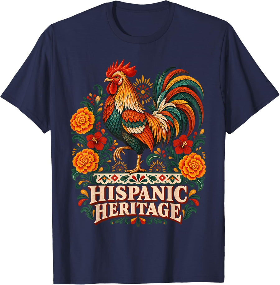 Hispanic Heritage Rooster Floral Folk Art Culture Pride T-Shirt - Navy Blue