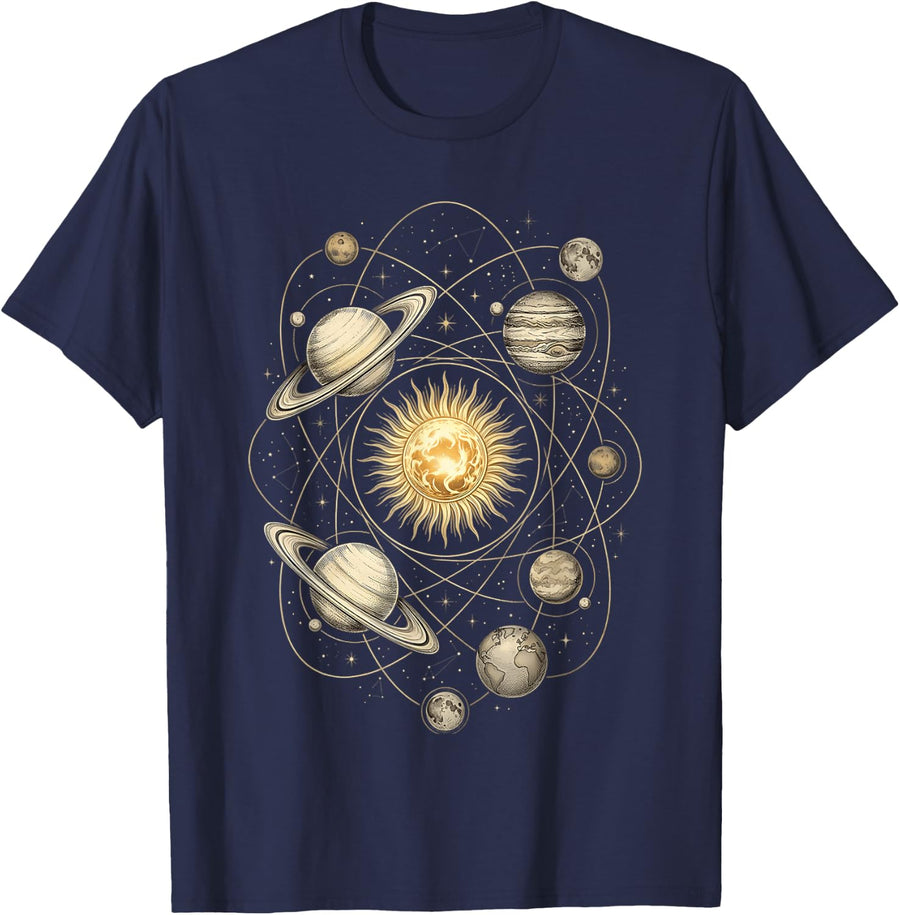 Vintage Solar System Celestial Orbits Engraving Art T-Shirt - Navy Blue