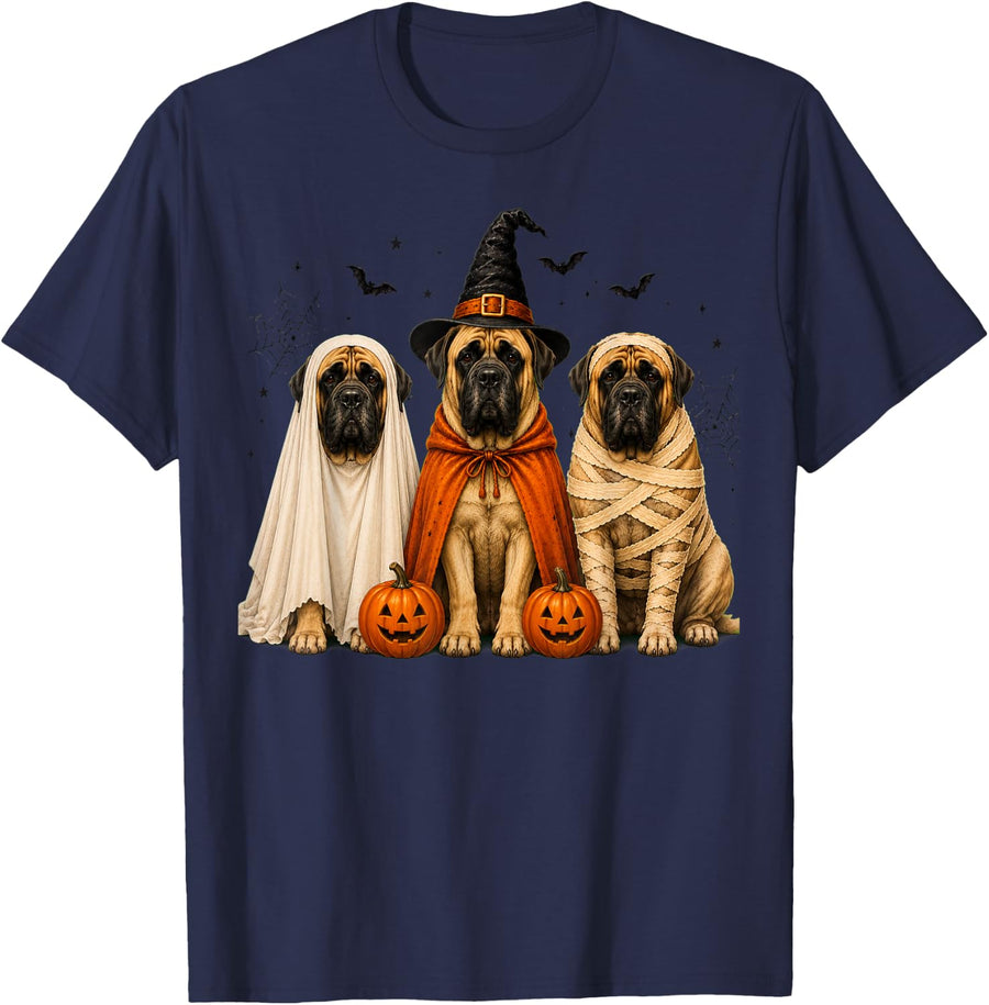 Retro English Mastiff Dog Witch Halloween Tee Scary Pumpkin T-Shirt for Women Men Kids - Navy Blue