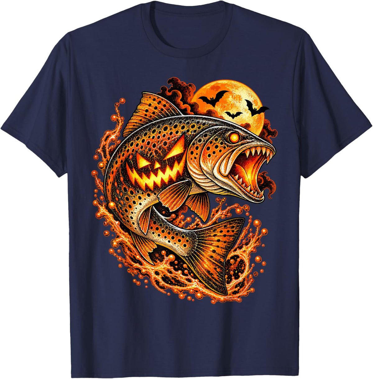 Halloween Trout Fish Ghost Pumpkin Fishing T-Shirt - Navy Blue