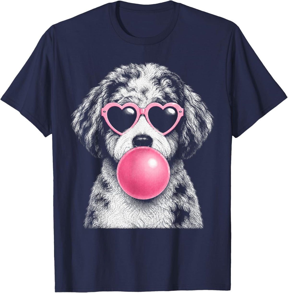 Aussiedoodle Pink Heart Sunglasses Funny Bubble Gum T-Shirt - Navy Blue