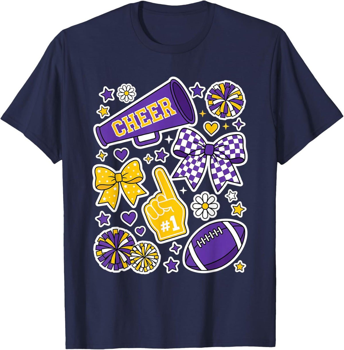 Cheer #1 Football Cheerleader Megaphone Bows Pom Poms T-Shirt - Navy Blue